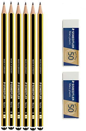 Staedtler Noris 120 B - Bleistift aus Graphit - Set mit 6 Stiften + 2 Radiergummis Mars plastic Staedtler