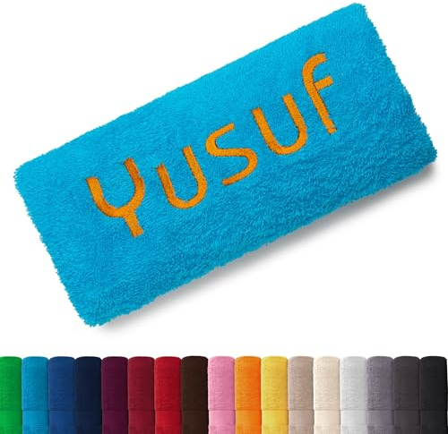 EllaTex Besticken Sie Handtuch mit Namen oder mit Wunschtext Bestickt, Farbe:Türkis; Größe:Saunatuch XXL 100x200 cm