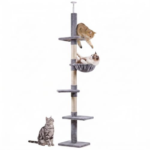 PawHut Kratzbaum Deckenhoch 230-260 cm für Kleine & Große Katzen Grau | Katzenbaum mit Sisalstämme, Plattformen, Mehrstöckiger Katzenkratzbaum, Kletterbaum