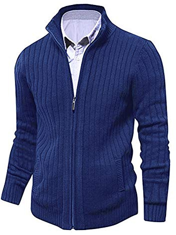 Cardigan Homme Automne Hiver Ouvrez-Front Zippé Gilet Veste Tricoté Chaud Coupe ajustée Col Droit Manche Longue avec 2 Poches Bleu Foncé M