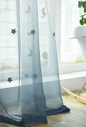Lactraum Gardine Kinderzimmer Mädchen Junge Tranparent Bestickt Stern Mond Voile blau Gradient mit Ösen 100 x 245 cm (BxH)