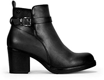 BOSANOVA Stivaletti in pelle con tacco largo 6,4 cm e fibbia decorativa sul lato. Chiusura interna con zip., Nero , 37 EU