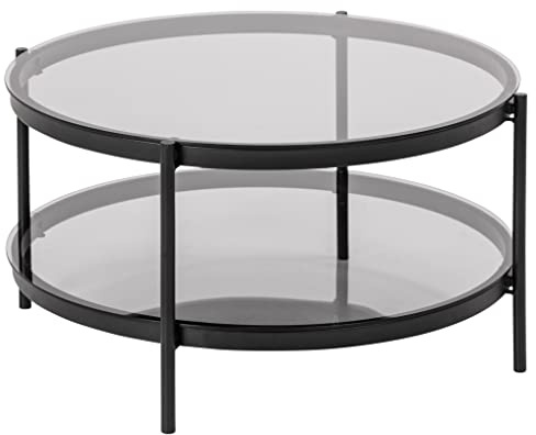 AC Design Furniture Bertha runder Glas-Couchtisch mit 1 Ablage, Ø: 79 H: 42 cm, Glas/Metall, Schwarz, 1 Einheit