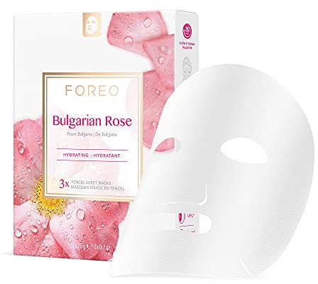 FOREO Bulgarian Rose, maschera in tessuto per pelle secca e spenta, 2 mod. di applicazione, confezione da 3, rimpolpante, rosa bulgara e olio di jojoba, naturale e cruelty free, per dispositivi UFO