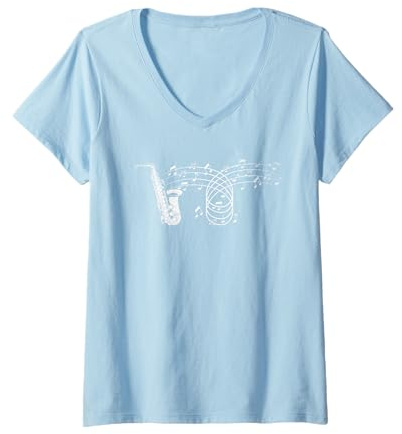 Femme Saxophoniste Jazz Musicien Notes De Musique Saxophone T-Shirt avec Col en V