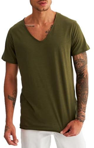 Leif Nelson LN6280 - T-shirt d'été pour homme - Col en V - Coupe ajustée - Teneur en coton - Moderne - Manches courtes - Long, kaki, M