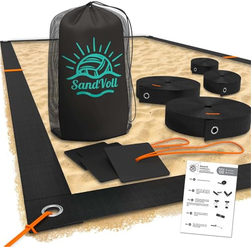 SandVoll Beach Volleyball Lines for Sand - Portable 2 inch Boundary Lines Set for Outdoor + Sand Anchors and Net Bag. Official Court Size Dimensions (26.3' x 52.6')