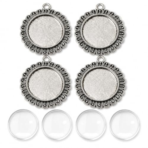 Perlin Cabochon Fassung Set 20 mm Silber Vintage Filigran Anhänger Rohling mit Glas Cabochon Schmuck Basteln DIY Kettenanhänger Medaillon 28 mm 8 Teile