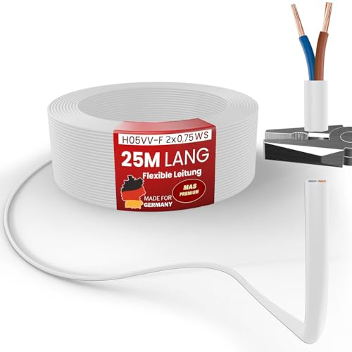 MAS Premium Von 5 bis 100m Kunststoffschlauchleitung H05VV-F 2, 3, 4 oder 5 x0,75; x1; x1,5 oder x2,5 Flexible Leitung Kabel Leitung Gerätekabel (H05VV-F 2x0,75 WS, 25m)