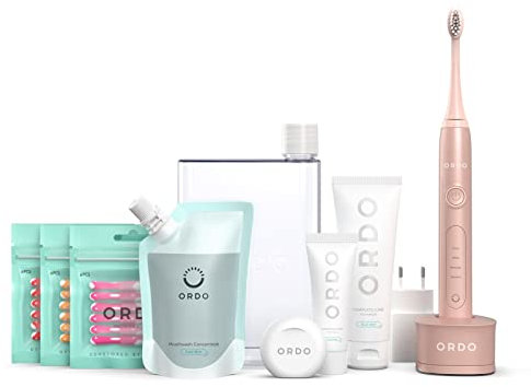 Ordo Sonic Electric Toothbrush & Starter Kit Mouthwash Toothpaste Dental Floss Interdental Brushes Vegan Alcohol Free Fresh 4 Brushing Modes Rechargeable Battery Adults Pink Rose Gold