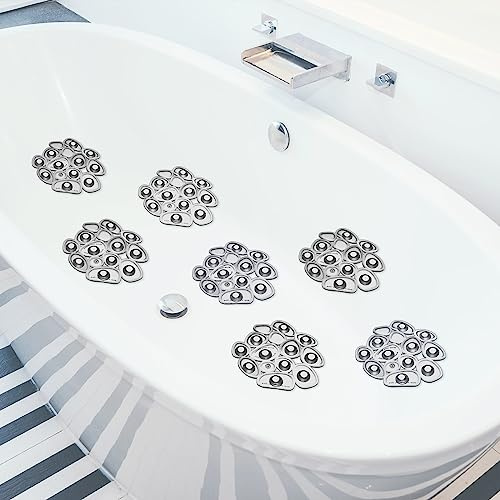 Riakrum 12 Pcs Non Slip Bathtub Stickers, Clear Anti Slip Shower Treads with Strong Suction Cups, Pebble Provides Traction Machine Washable No Residue, Safe(Gray)