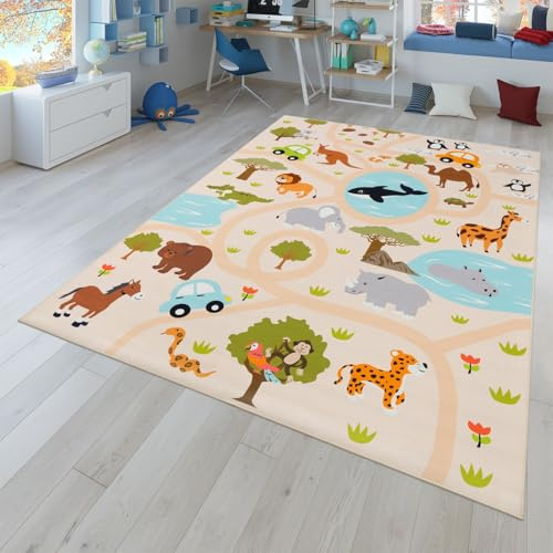 TT Home Kinderteppich Babyzimmer Teppich Kinderzimmer rutschfest Tiere Weltkarte Autos, Farbe:Grün Gelb Creme, Größe:240x340 cm