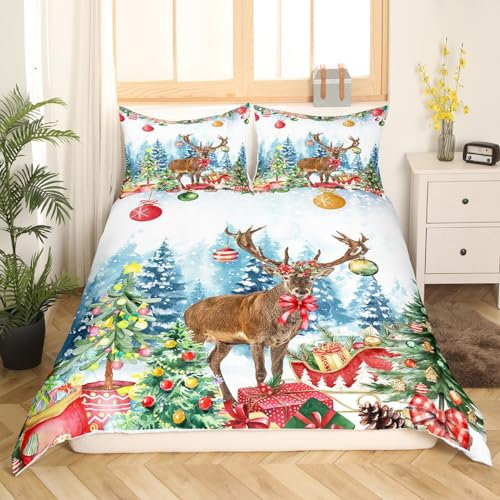 richhome Weihnachts Elch Bettbezug 200x200,Winter Schnee Weihnachtsbäume Geschenke Super weiche Bettwäsche Set für Schlafzimmer, Glocke Lebkuchen Mann Tröster Abdeckung Bettwäsche (kein Tröster)