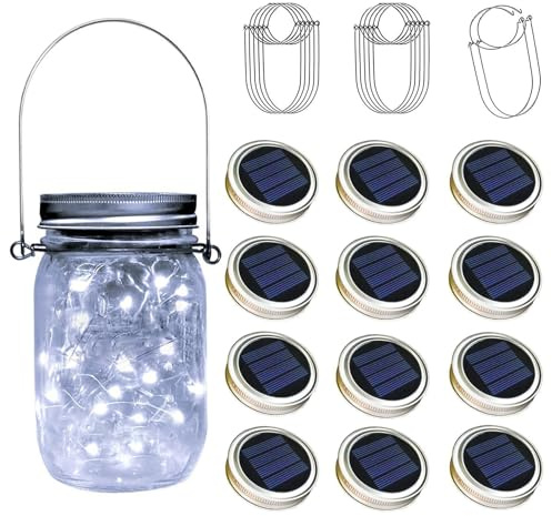 TecHong 12 x Solar Mason Jar Light Lids - 30 LED Hanging Fairy Firefly String Light Lantern Cap, Outdoor Waterproof Patio Porch Garden Yard Balcony Lawn Wall Lighting Decor(No Jar Included)