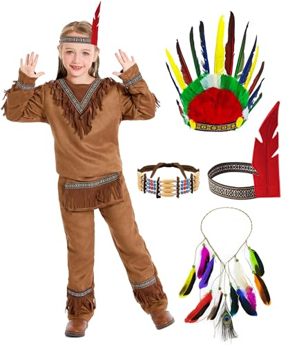 Velmawig Costume da indiano per bambini e bambine, con accessori per carnevale, costume da indiano, per la casa, per cosplay con copricapo, collana girocollo per Halloween, feste di Halloween VL011S