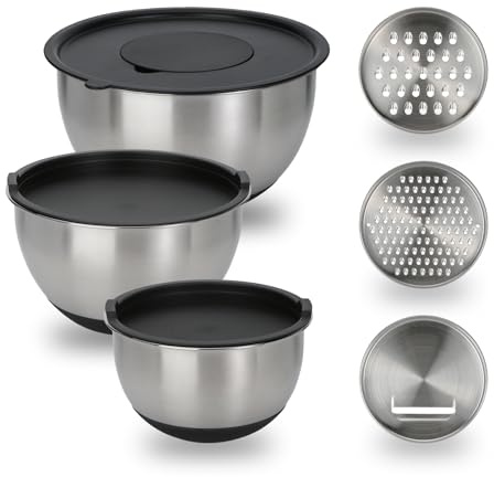 GreatChef Mixing Bowls Stainless Steel Set of 9-1.5, 3.0, 5QT Bowl and Graters, with Airtight Lids, Non-slip Base, Metal Nesting, Storage, Salad, Baking, Elegance in Every Mix & Serving