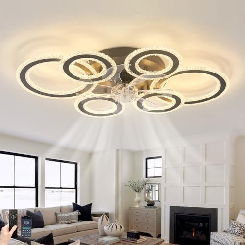 Fachae 29.9in Large Ceiling Fan with Light LED Dimmable Memory Function Ceiling Fan Lights with Remote Control 6 Speed Reversible Timer Quiet Ceiling Fan Lights Creative-Black