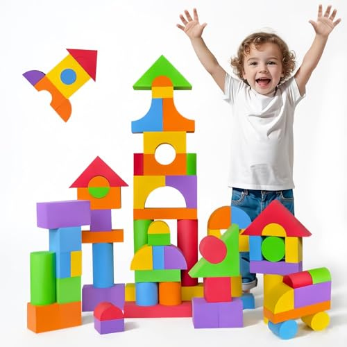Pairez Toys Große Schaumstoffblöcke für Kleinkinder 2-3, großes Bausteinset, weiche Stapelblöcke, Montessori-Spielzeug für Jungen & Mädchen ab 18 Monaten (61 Stück)