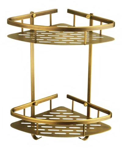 ImyHok Antik Bronze Duschablage Ecke Aufbewahrung Shampoo 2 Schicht Duschkörbe Messing Eckregal Dusche Badezimmer Zubehör Bohren Duscheckregal Wand Duschhalterung Eckbadregal mit Haken