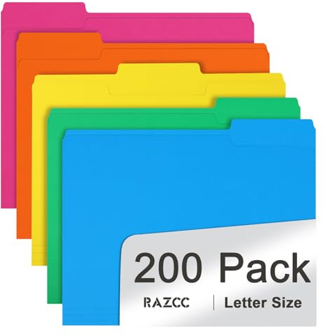 File Folder, RAZCC 200 Pack 1/3 Cut Tab Colored Folders, Colored File Folder Letter Size for Office Classroom Use, Folders with Tabs Assorted 5 Colors
