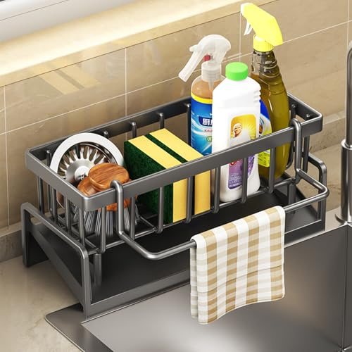 BRYN Spülbecken Organizer, Kohlenstoffstahl schwammhalter küche mit Spültuchhalter, kitchen sink organizer mit Abfluss Pfanne, für Küchenzubehör, Schwamm, Bürste, Spülseife, Badezimmer (Grau)