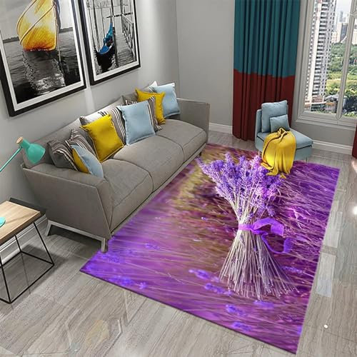 3D Lila Verträumtes Lavendelblütenmeer Teppich Kinder Jungen Kinderzimmer Gaming Teppich Schlafzimmer Dekoration Wohnzimmer Kurzflor Krabbelmatte Modern Weich Kinderteppiche Waschbarer 180 X 280-8K3J