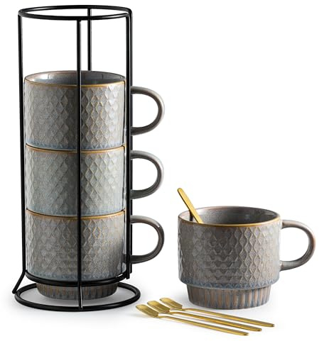 Gomakren Stackable Coffee Mugs Set of 4 Coffee Cups with Stand, Light Gray