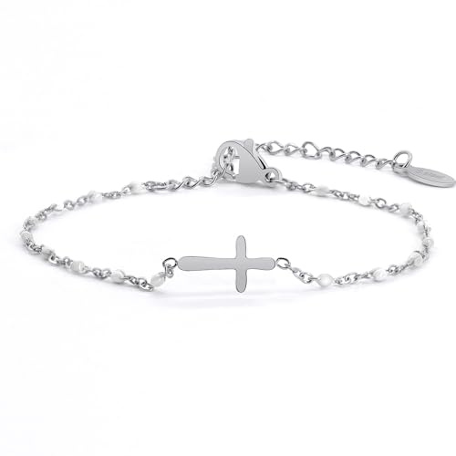 HMOOY Christian Cross Bracelet for Women, New Gold Cross Border Beaded Bracelet Rosary Bracelet Hand Chain Birthday Communion Confirmation Baptism Christians Gifts for Women (White-Silver)