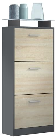 Vladon Shoe Cabinet Lavia V2, Shoe Tipper for 12 Pairs of Shoes with 3 Flaps and Glass Shelf, anthracite matt/rough-sawn oak (46 x 128 x 23 cm)