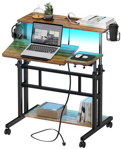 Dripex Stehpult Höhenverstellbar mit Steckdosen, Sitz-Steh Schreibtisch mit Rollen, LED Stehtisch mit neigbar Tischplatte, 80x60cm Laptoptisch Workstation für Zuhause und Büro, Vintage Braun