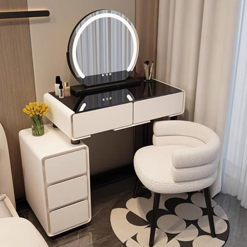 Schminktisch mit Lichtern für Mädchen und Frauen, kleiner Make-up-Schreibtisch mit verstellbaren 3 farbigen LED-Lichtern und 1 Schublade, Beistellschrank, ideal für Schlafzimmer, Ankleidezimmer