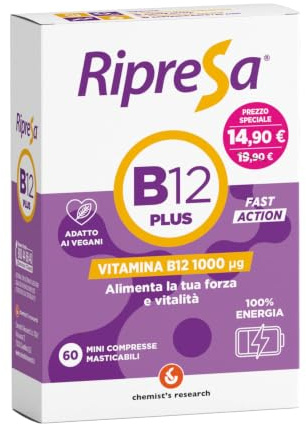 CHEMIST'S RESEARCH RIPRESA B12 PLUS | Integratore Alimentare di Vitamina B12 | Stanchezza Fisica e Mentale | 60 Mini Compresse Senza Glutine e Senza Lattosio