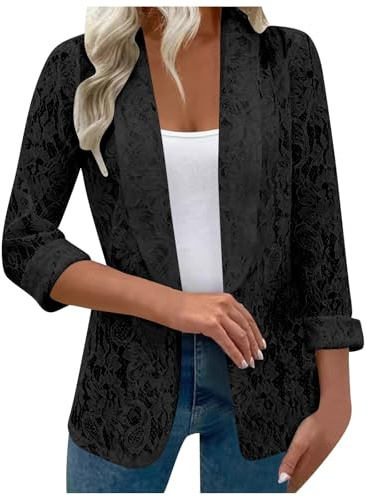 Generisch Long Blazer Für Damen, Blaz, Blazer Damen Langarm Spitze Sommerblazer Open Front Blazermantel Arbeit Büro Oberteile Knopf Elegant Jacke Business Anzug Casual Sakko mit Taschen Schwarz
