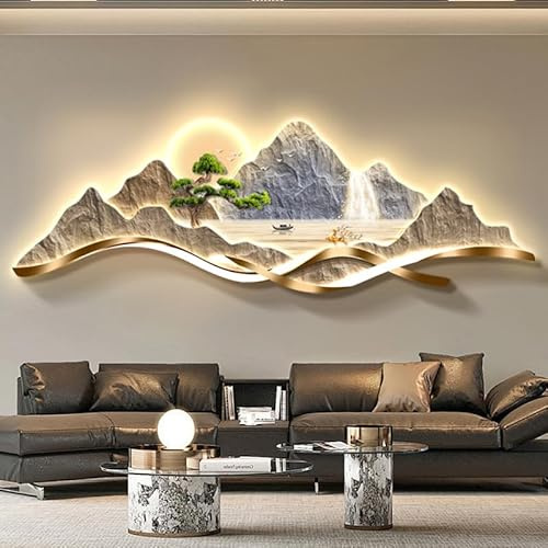 YAIUNHIQ Arte murale a LED, Arte murale 3D, Decorazione Moderna di Montagna, Albero, Fiume, Acqua, Quadro, Scultura murale di Lusso,A