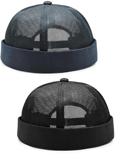 Hoocl 2 Stücke Docker Cap, Unisex Sommer Mesh, Schwarz Dockermütze Sommer, Seemannsmütze Cap mit Verstellbarer, Damen Fischermütze, Casual Hafenmütze Herren, Rolled Cuff Mütze