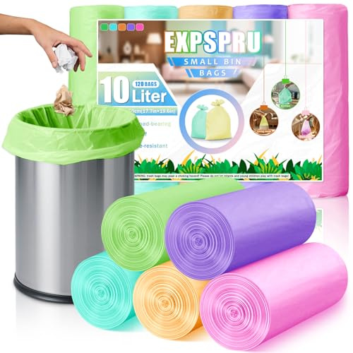 Expspru 10L Bin Bags Small Bin Liners Pedal Trash Bin Liners Thickened Colorful Bin Bags for Bathroom,Office, Kitchen,120 Counts