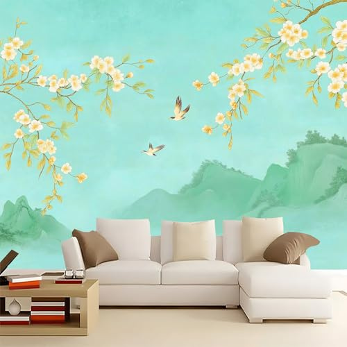 Générique Papier Peint Mural 3D Fleurs Montagnes Oiseaux 350x256 cm Papier Peint Murale Panoramique Poster Tapisserie Photo intissé, pour Chambre Salon Personnalisé Murale Décoration