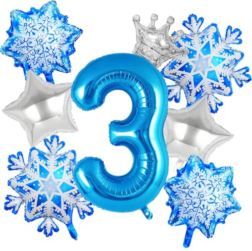 Palloncini 3 Anni 8 Pezzi Palloncino di Fiocco di Neve Palloncini Alluminio Blu per Bambini Ragazze Tema Invernale Fiocco di Neve Decorazione per Feste di Compleanno 3 Anni