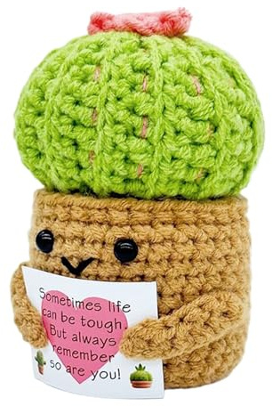Jlobnyiun Maceta de muñeca de ganchillo,Muñeca de cactus de ganchillo inspiradora | Adorno inspirador con tarjeta de estímulo para el hogar de cumpleaños Estante de graduación