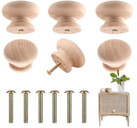TAGMEIU 6 Pcs Wood Mushroom Shape Drawer Knobs - Single Hole Wooden Door Knobs for Cabinets, Dressers, Wardrobes & Office Furniture - Natural Wooden Cabinet Knobs with Matching Screws