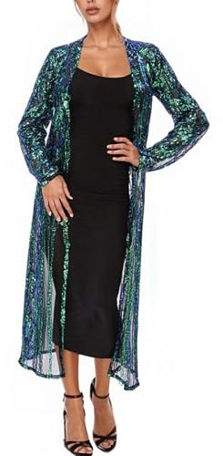 MODSGUE Cárdigan de lentejuelas para mujer, abrigo largo, invierno, otoño, cárdigan tradicional con purpurina, chaqueta maxiabierta, para fiestas de los años 20, carnaval, vestido de noche, vestido de