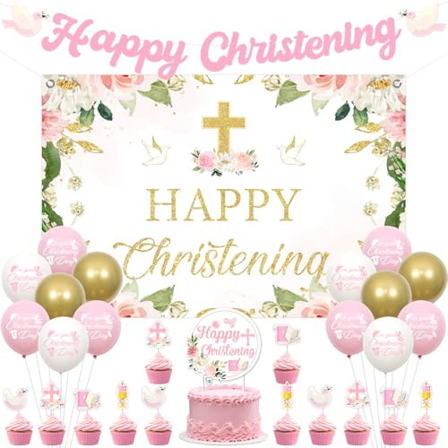 Funmemoir Christening Decorations for Girls - Pink Happy Christening Backdrop, Banner, Double-sided Cupcake & Cake Toppers, Printing Balloons for First Holy Communion Baptism Party Decorations