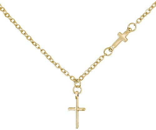 RUGGED steel - Damen Edelstahl Halskette mit 2 kleinen Kreuz-Charm Anhängern - kurze Gliederkette 40 cm (+4 cm Verlängerungskette) - wasserfest hypoallergen - Gold - inkl. Schmuck-Box