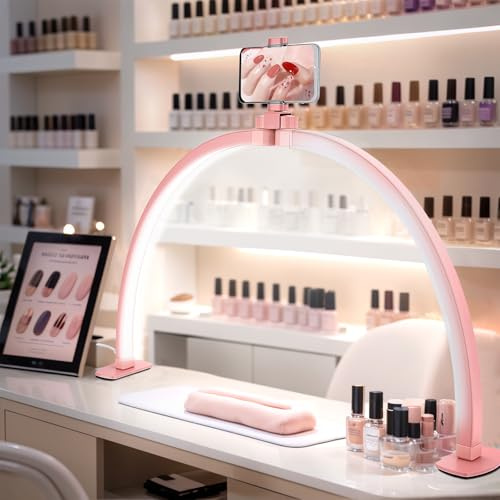 VIHBRAI Halbmond Lampe für Nagel Schreibtisch,Faltbare LED Nageltischlampe für Nail Tech mit Telefonhalter,Nageltisch lampe mit 3 Farbmodi 10 Helligkeiten für Schönheit/Wimpern [E](Halbmond -Rosa)