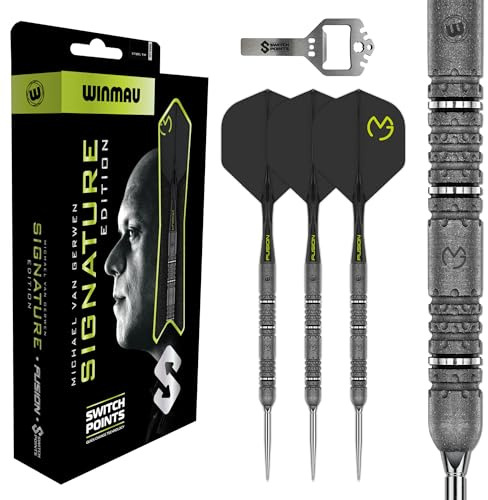 WINMAU Dartpfeile Michael Van Gerwen MvG Signature Edition | Standard oder Switch Points | Dartpfeile Profi 90% Tungsten Darts Set mit Dartflights und schäften - Steeldarts 22g, 23g & 24g