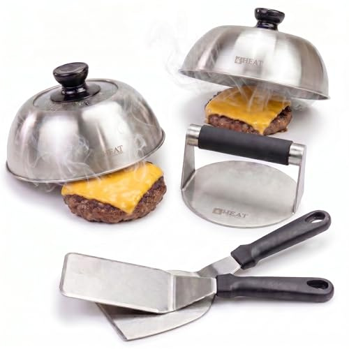 Heat Smash Kit Presse Smash Burger INOX - Lot de 5 Accessoires Planche et Barbecue avec 1 Presse à Viande, 1 Spatule Plancha et 2 Cloches de Fusion