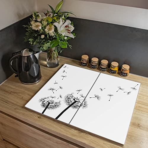 banjado Ceranfeld Abdeckung Glas 2-teilig 60x52 cm, Herdabdeckplatten und Schneidebrett Küche aus gehärtetem Glas, dekorativer Küchen Spritzschutz Blumen & Pflanzen mit Motiv Pusteblume 2