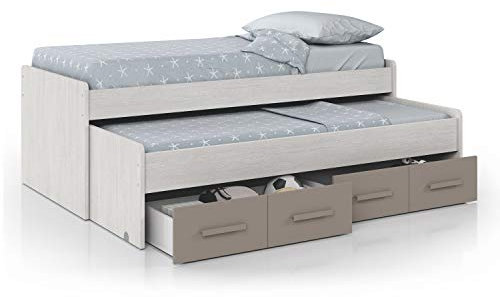 Habitdesign Cama Nido Juvenil, 2 Camas y 2 cajones, Modelo Ares, Acabado en Color Blanco Alpes y Basalto, Medidas: 198 cm (Ancho) x 69 cm (Alto) x 96 cm (Fondo)