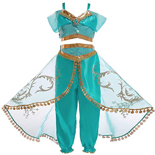 Eleasica Fille Aladdin Jasmine Princesse Cosplay Costumes 2pcs Ensembles Pantalons Conte de Fée Déguisement Bleu Respirant Halloween Noël Anniversaire Carnaval Fête Cosplay,Vert,110
