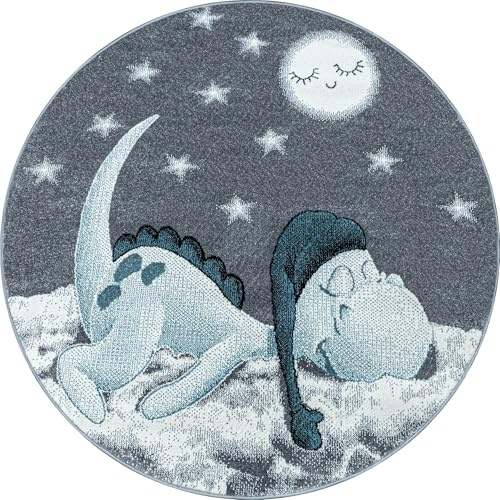Carpetsale24 Kinderteppich süßes Dinosaurier Muster Blau und Grau 160 cm Rund - Kurzflor Teppich Kinderzimmer Babyzimmer für Mädchen und Junge Extra Weich Pflegeleicht Spielteppich Babyteppich Runder
